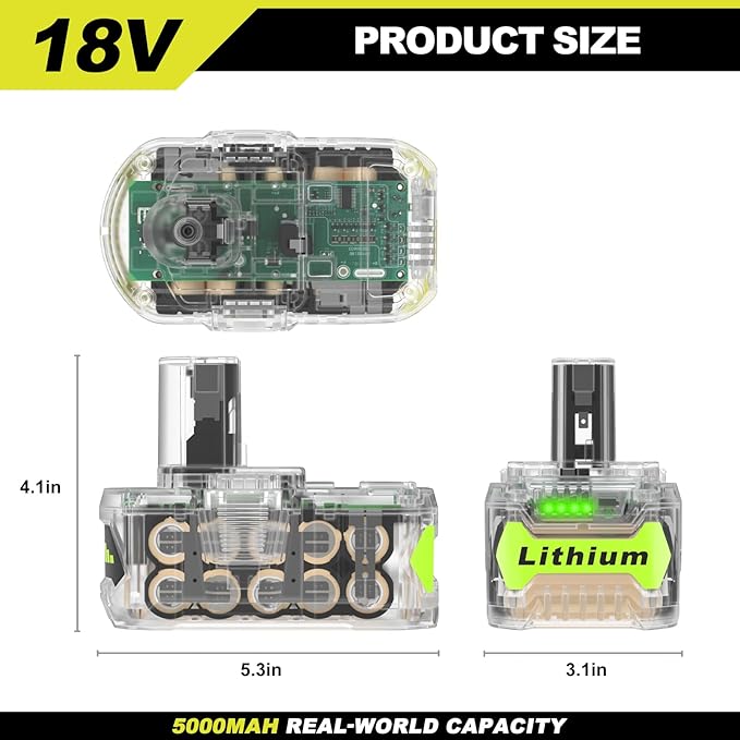 5000mAh High-Capacity Replacement for Ryobi 18V Battery P102 P103 P104 P105 P107 P108, Compatible with Ryobi ONE+ 18V Cordless Power Tools and Charger(Transparent)