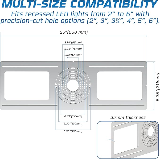 OHLECTRIC 24-Pack New Construction Recessed Light Mounting Plates, Flat Steel Rough-in Brackets - Symmetric Round Holes w/Multiple Cutouts 2” til 6” Adjustable Panel for LED Wafer & Recessed Lighting