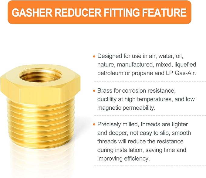 GASHER 12PCS Brass Hex Bushing Fitting Kit Hex Bushing 1/4" - 1/8", 3/8" - 1/8", 3/8" - 1/4", 1/2" - 1/4", 1/2" - 3/8", 3/4" - 1/2"