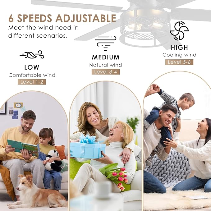 52inch Low Profile Ceiling Fan with Light and Remote,Farmhouse DIY Caged Flush Mount Ceiling Fan with Reversible DC Motor Dual Finish 6 Blades,6 Speed Black Fandelier for Patio,Bedroom,Livingroom
