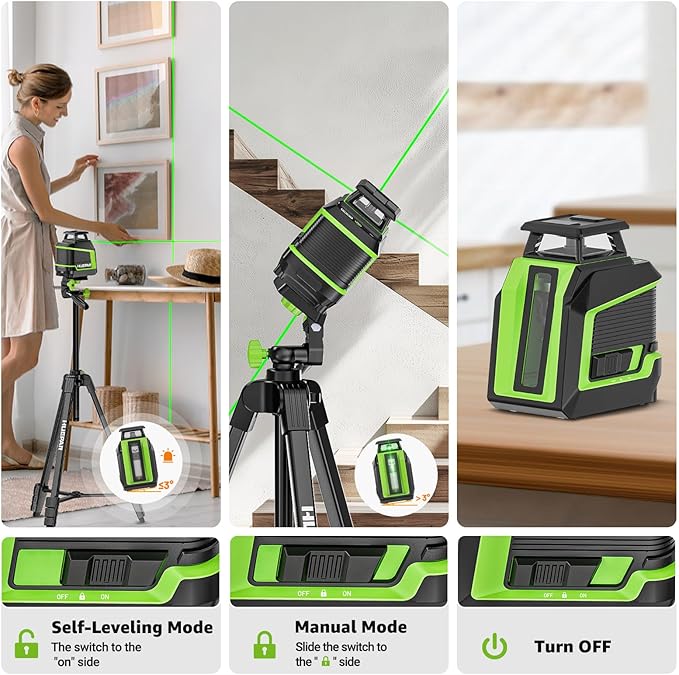 Huepar 360° Laser Level with Tripod 60in, 82Ft - 165Ft Self Leveling Laser Level with Pulse Mode, 3 Brightness Levels Rechargeable Li-ion Battery Green Line Laser Leveler Tool for DIY Indoor Project