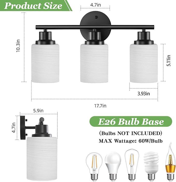 3-Light Bathroom Light Fixtures, Black Vanity Lights for Mirror with Textured Milky White Glass Shade, E26 Base Modern Kitchen Light Fixtures Wall Sconce Light