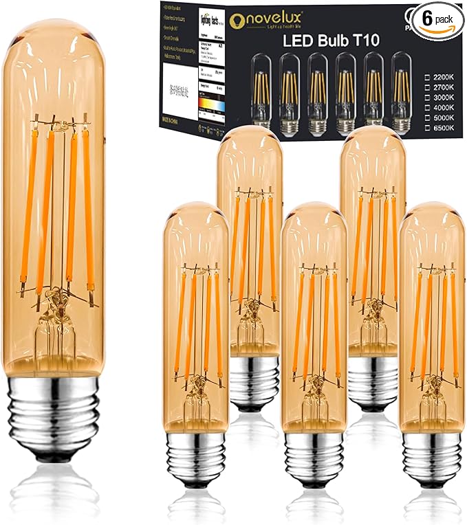 5 Inch E26 Led Bulb Equal 80 Watt, 2200K Amber White Vintage Edison Bulb 6W Dimmable, 800LM T10 T9 Glass Tubular Light Bulbs AC 120V for Chandelier Pipe Pendant Wall Light - UL Cert 6Pack