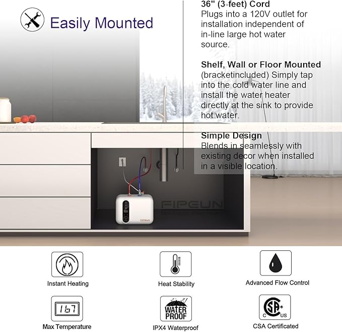 Electric Hot Water Heater 110/120V Small Compact Tank,Rv Tr 2.5-3.0 Gallon Trailer 1440-1500W Kitchen Instant Under Sink Counter Cupboard, Food Truck 2 PCs 16” Long 1/2”FIP Stainless Steel Hose 11L