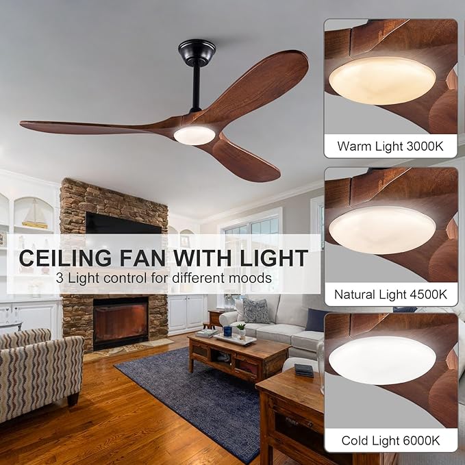 42 Inch Wood Ceiling Fan with Lights and Remote, Modern 3 Blade Fan, 6 Speed DC Motor for Indoor/Outdoor Use, Living Room, Bedroom, Patio