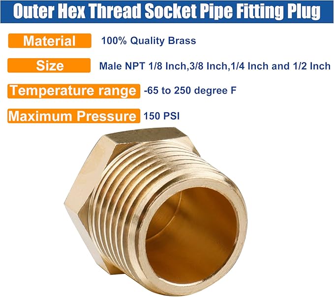WHK 24 PCS Brass Hex Pipe Plug Fittings Kits,Brass Plugs Fitting Assortment 1/8" 1/4" 3/8" 1/2" NTP Brass Plug Male Threaded