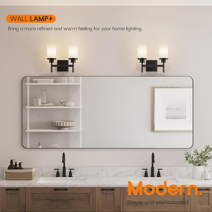 Wall Light Fixtures Matte Black Bathroom Vanity Lights Over Mirror with White Frosted Glass, Double Wall Lamps for Hallway Washroom Porch T001MB-L2