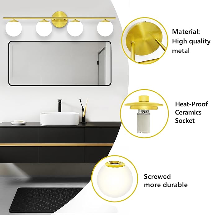 New Bathroom Vanity Light Fixtures Brushed Bronze Milk White Globe Glass Shade Modern Wall Bar Sconce Over Mirror (Brushed Brass, 4T)