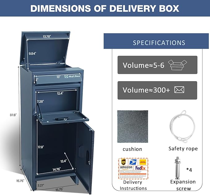 Package Delivery Boxes for Outdoor, Parcel Drop Boxes for Outside with Anti-Theft Design,Parcel Mailbox is Weatherproof, Rustproof,Suitable for Home/Office/Shop Non-installation (15.5*15.5*38 in )