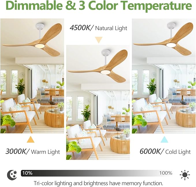 52 inch Natural Wood Ceiling Fan with Light and Remote Control,Ceiling Fans with Lights, 3CCT, Dimmable, Quiet Reversible Motor, Modern Ceiling Fan for Bedroom Indoor/Outdoor Use