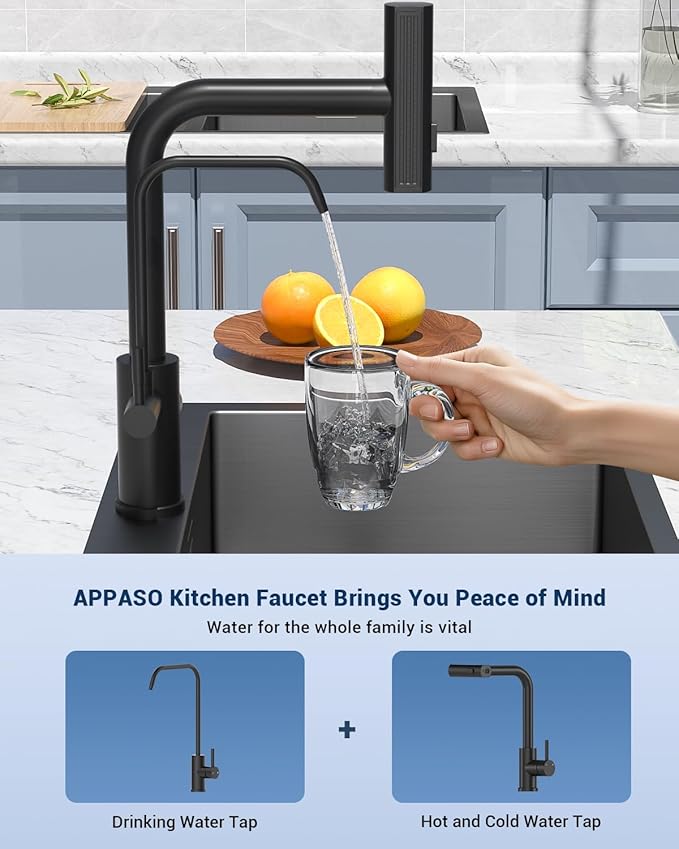 APPASO Kitchen Faucet with Water Filter, 2 Handle Waterfall 3 in 1 Kitchen Faucet, Black Kitchen Sink Faucet, 3 Hole Kitchen Faucets with Pull Down Sprayer (Without Water Filtration Device)