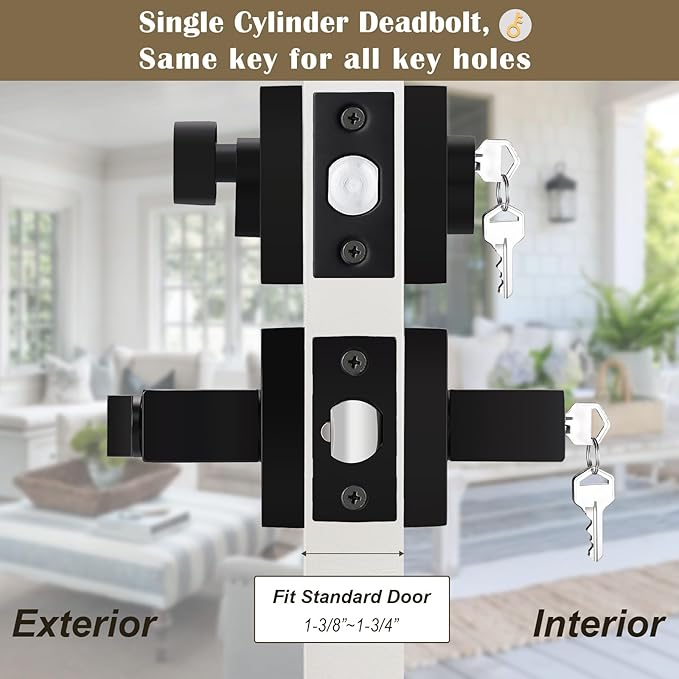 1 Pack Keyed Entry Door Lever and Single Cylinder Deadbolt Set, Keyed Alike Reversible Lockset, Matte Black Square Interior/Exterior Handleset for Bedroom, Front Door