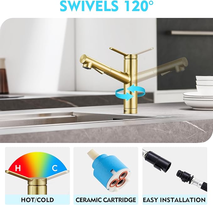 CREA Low Profile Kitchen Faucet with Pull Out Sprayer,Bar Sink Faucet Single Hole Handle,Prep Wet Bar Laundry Utility Short Small Modern Outdoor RV Gold