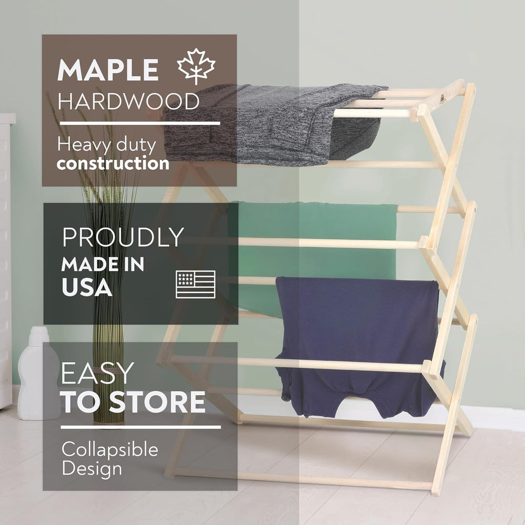 Pennsylvania Woodworks Premium American Maple Clothes Drying Rack - Handcrafted in Pennsylvania - Solid Wood Construction, Collapsible, Eco-Friendly Laundry Solution (Large)
