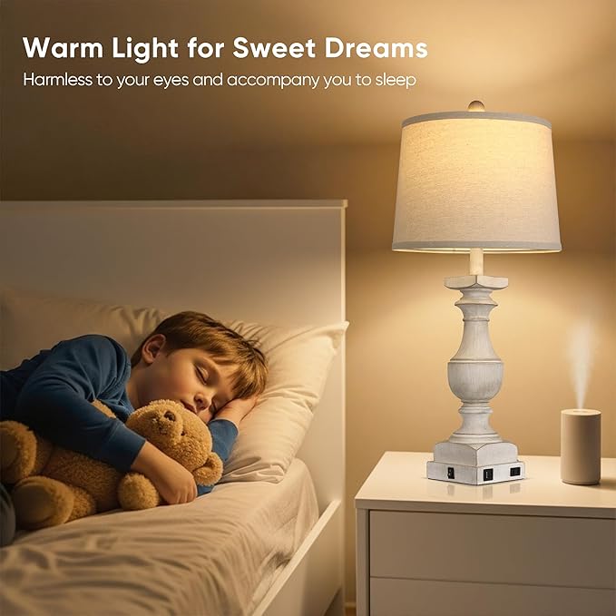 28'' Washed White Table Lamp for Bedroom Nightstand, Vintage Bedside Lamp with USB A+C Port, Farmhouse Desk Lamp with Linen Shade Set of 2, Traditional Nightstand Lamp, Rocker Switch,Bulb Included