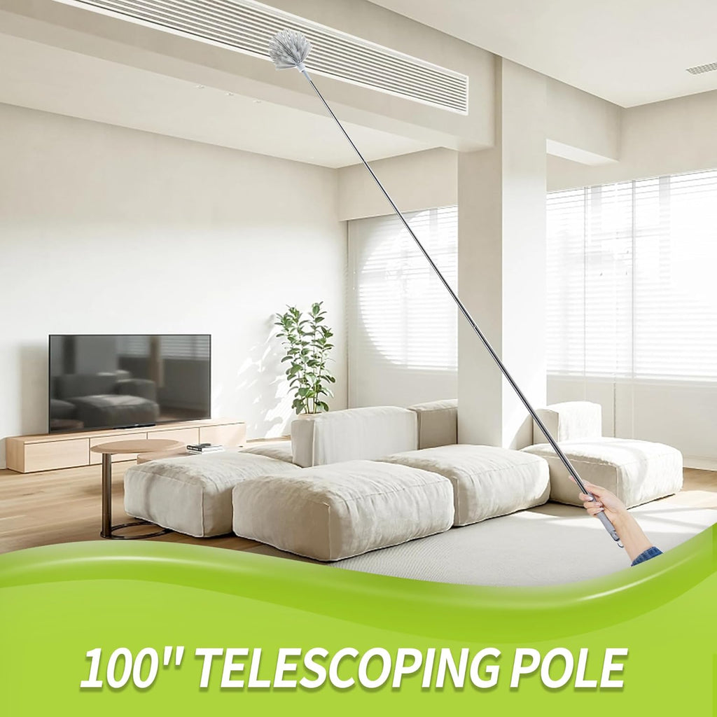 Cobweb Duster with Extension Pole, 100'' Microfiber & Chenille Ceiling Cleaner Kit, Reusable Feather Duster, Bendable, Washable