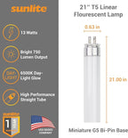 Sunlite 21-Inch F13T5/DL T5 Linear Fluorescent Lamp, 13 Watts, 750 Lumens, 6500K Daylight, Miniature G5 Bi-Pin Base, ROHS Compliant, High Performance Straight Tube, 10 Pack