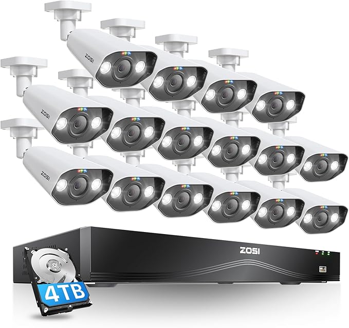 ZOSI 32CH 4K Security Camera System,16pcs 4K/8MP PoE Cameras Outdoor,Human/Vehicle Detection,2 Way Audio,Color Night Vision,16 Port 32 Channel 8MP Dual-Disk NVR with 4TB HDD for 24/7 Recording
