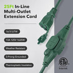 BN-LINK 25 ft Outdoor Extension Cord w/3 Inline Outlets 16/3 Gauge, SJTW Green for Landscaping & Holiday Decorations, Grounded, ETL Listed