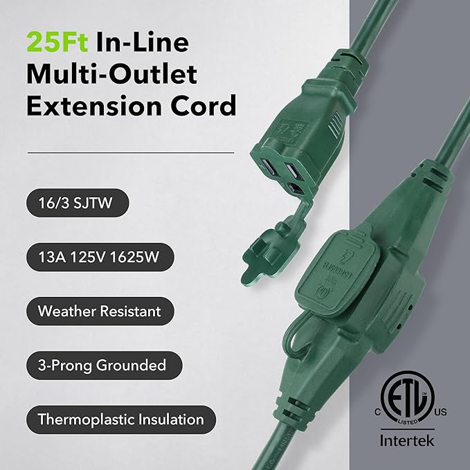 BN-LINK 25 ft Outdoor Extension Cord w/3 Inline Outlets 16/3 Gauge, SJTW Green for Landscaping & Holiday Decorations, Grounded, ETL Listed