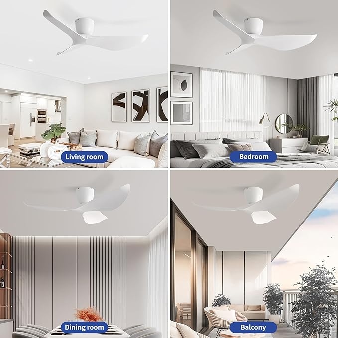 52-Inch White Ceiling Fan Without Light, Modern Low-Profile Flush Mount Fan with Remote, 6-Speed Reversible Quiet DC Motor,for Patio, Living Room, Bedroom (No Light)