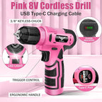 Drill Set: Tool Set with 8V Pink Cordless Drill, Home Tool Kit with Drill, Hand Tool Kits for Women, Homeowner, Diyer, Handyman, 127Piece
