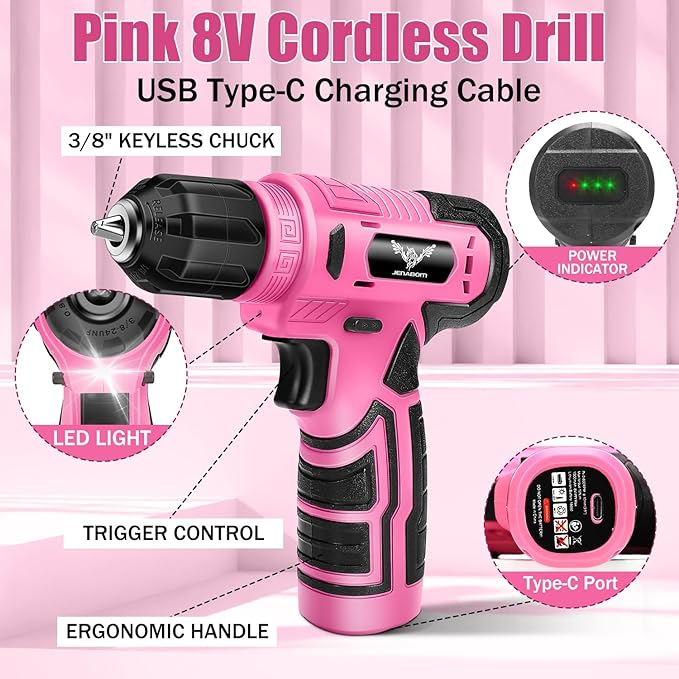Drill Set: Tool Set with 8V Pink Cordless Drill, Home Tool Kit with Drill, Hand Tool Kits for Women, Homeowner, Diyer, Handyman, 127Piece