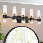 MELUCEE 5-Light Bathroom Lights Over Mirror in Black Finish, Farmhouse Vanity Lights with Ribbed Clear Glass Shade Indoor Metal Wall Light Fixtures for Kitchen Powder Room Foyer, E12 Base