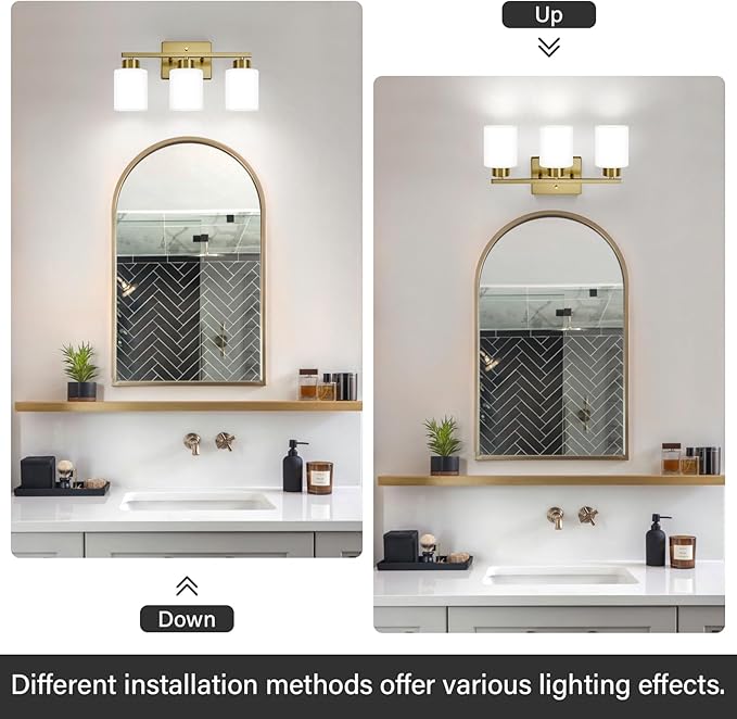 Brushed Gold Bathroom Light Fixtures, 3-Light Modern Vanity Light Over Mirror, Wall Sconces with Milky White Frosted Glass Shades, E26 Socket (Bulbs Not Included)