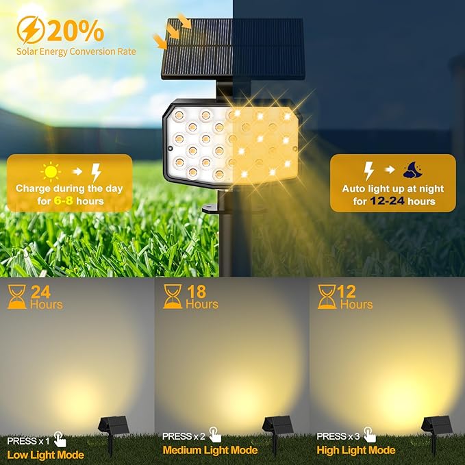 Solar Spot Lights Outdoor Waterproof Adjustable Solar Powered Landscape Lights for Yard 3 Long Time Lighting Modes Spotlights for Pathway Garden Outside Wall Pool Porch- 10 Pack, Warm White