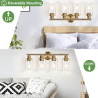 4-Light Bathroom Light Fixtures, Brushed Brass Modern Vanity Lights with Cyan Glass Shades, Bathroom Wall Lamp for Mirror Kitchen Living Room