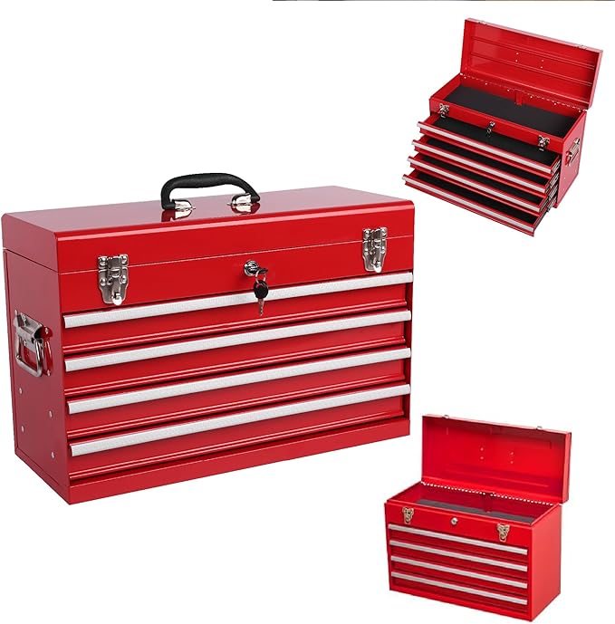 4 Drawers Metal Tool Box, 21" Portable Steel Tool Chest w/Key Lock & Latch Closure, Multi-Function Top Storage Tray Toolbox w/Powder Coating & Ball Bearing Slides for Garage & Workshop (Red)