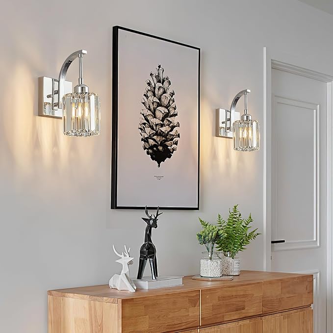 Wall Sconces, Set of 2 Chrome Crystal Vanity Lights, Modern Wall Lamp for Bathroom, Hallway, and Makeup, Easy Installation