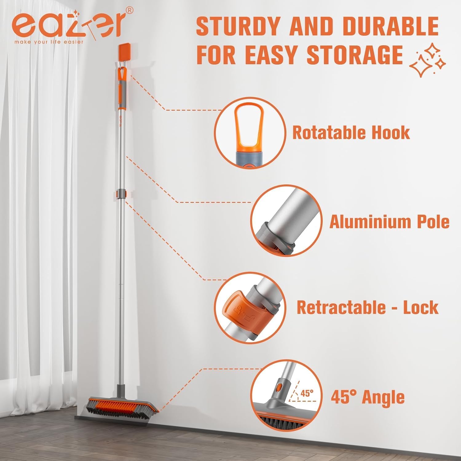 Eazer Floor Scrubber Brush, 2-in-1 Deck Scrubber Brush with Long Handle, Soft & Hard Bristle Brush for Cleaning Concrete, Squeegee Broom for Floor,Bathroom Garage,Kitchen,Wall,Tile and Swimming Pool