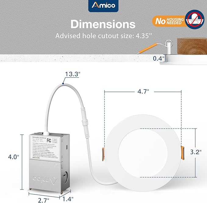 Amico 12 Pack 4 Inch 5CCT Ultra-Thin LED Recessed Dimmable Can/Ceiling Light with Junction Box, 2700K/3000K/3500K/4000K/5000K Selectable, 11W Eqv 70W, 800LM High Brightness Wafer Downlight - ETL&FCC
