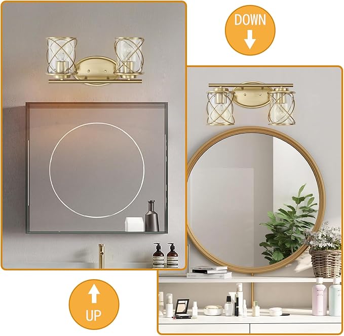 mavcadonf 2-Lights Bathroom Vanity Lights, Bathroom Light Fixtures Over Mirror, Brushed Gold Vanity Light, Farmhouse Wall Lights with Clear Glass Shade, Bathroom Wall Lamp for Mirror Kitchen Bedroom