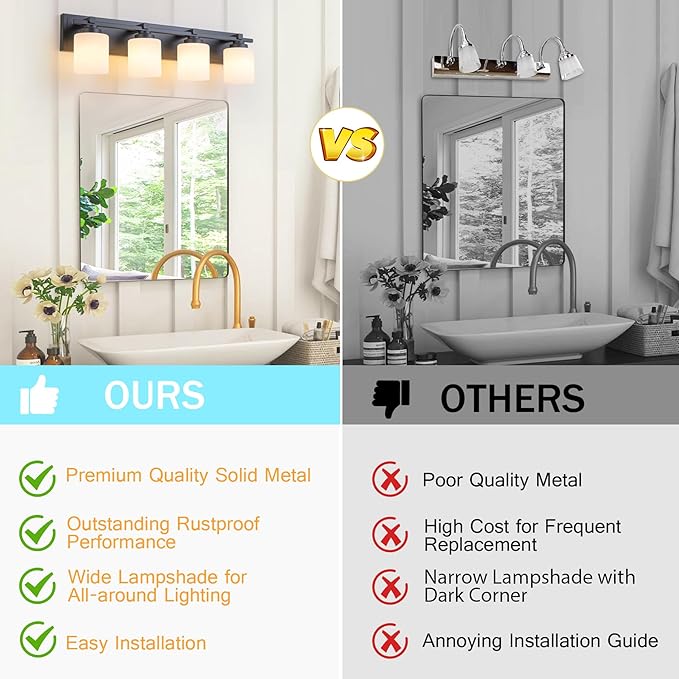 4 Light Modern Bathroom Light Fixtures Over Mirror, Black Vanity Lights for Bathroom Wall Sconces with Milky White Glass Shades, E26 Socket (Bulbs Not Included)