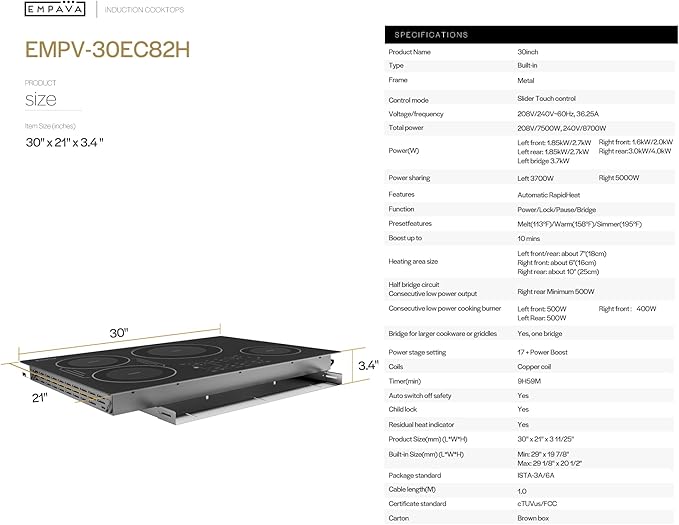 Empava 30 Inch Built-in Induction Cooktop 4 Burner, Bridge-SYNC, Auto RapidHeat 3 Preset Modes, Pan Sensor, Hardwired 208~240V, 40A, Black Vitro Ceramic Glass