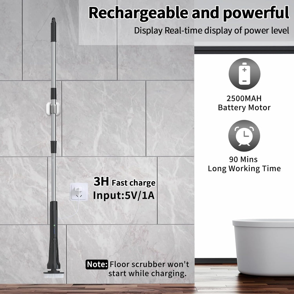 Electric Spin Scrubber, Hillyfe Power Shower Cleaning Brush with 7 Replaceable Brush Heads, IPX7 Waterproof, 2 Speeds (300/400 RPM) Electric Scrubber with Wall Mount Hook for Bathtub, Floor，Black