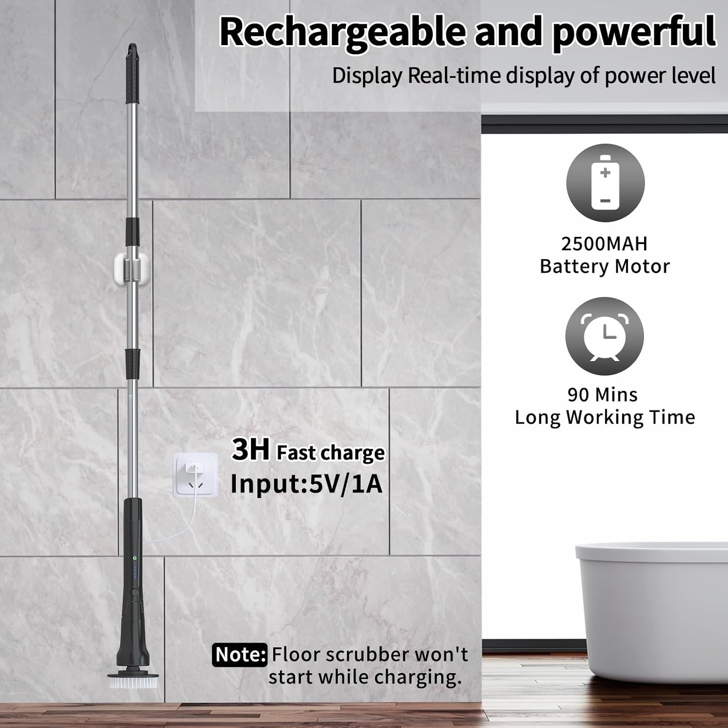 Electric Spin Scrubber, Hillyfe Power Shower Cleaning Brush with 7 Replaceable Brush Heads, IPX7 Waterproof, 2 Speeds (300/400 RPM) Electric Scrubber with Wall Mount Hook for Bathtub, Floor，Black