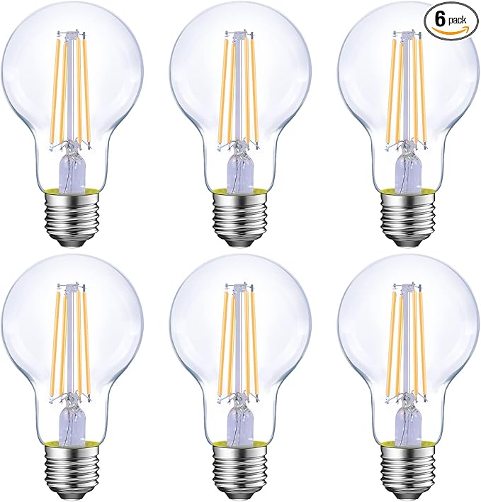 Energetic Dimmable LED Filament Light Bulbs, 8W, 60 Watt Equivalent, Warm White 3000K, Classic Clear Glass, A19 LED Light Bulb, 6 Pack