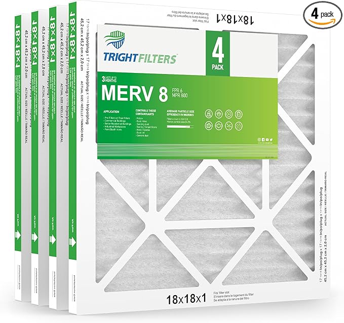 18x18x1 Air Filter 4 Pack, MERV 8 Pleated Dust Defense Air Filters Replacement Air Conditioner HVAC AC Furnace Filter, Durable and Lightweight