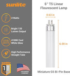 Sunlite 6-Inch F4T5/CW T5 Linear Fluorescent Lamp, 4 Watts, 135 Lumens, 4100K Cool White, Miniature G5 Bi-Pin Base, ROHS Compliant, High Performance Straight Tube, 10 Pack