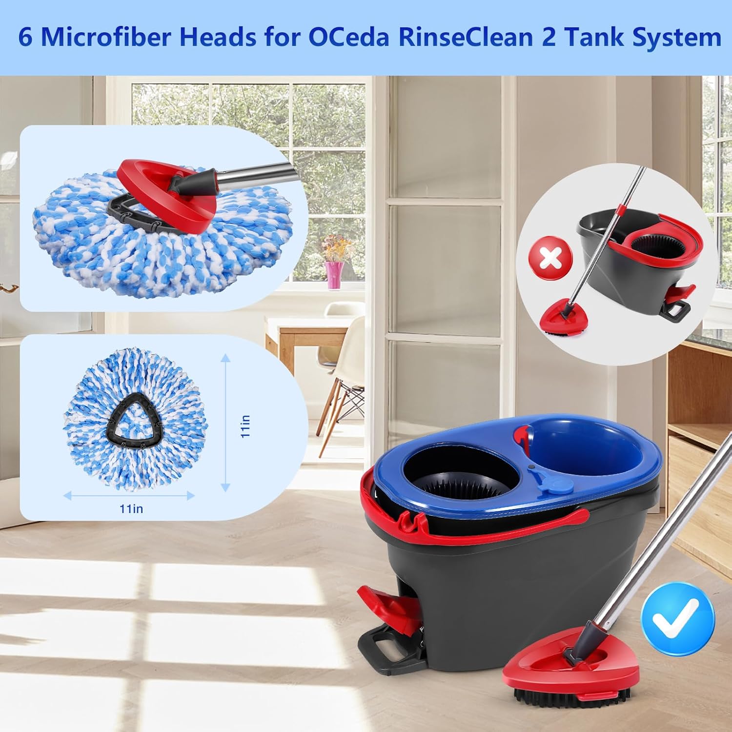 6 Pack Mop Replacement Heads Compatible with Oceda RinseClean 2-Tank System - Includes 1 Mop Base,6 Microfiber Mop Refills, Easy Cleaning Mop Head Replacement