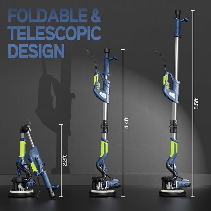 Drywall Sander, 2025 Upgraded 8-Amp Popcorn Ceiling Removal Tool with 7 Variable Speed 800-1800RPM, Drywall Sander with Vacuum Dust Collector with Extendable Handle, LED Light,12pcs Sanding Discs,Blue