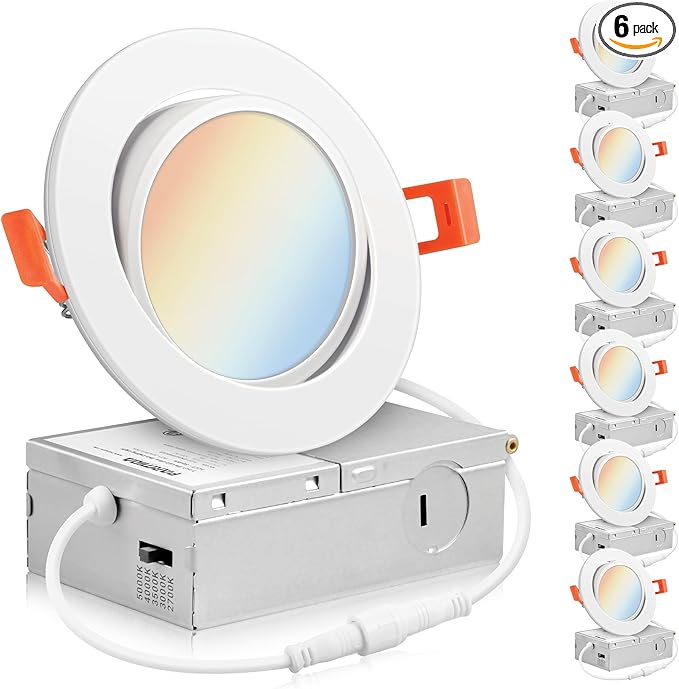PARMIDA (6 Pack) 4 Inch LED Gimbal 5CCT Recessed Lighting, Directional Adjustable Canless Ceiling Light with J-Box, 2700K-5000K 5 Color Selectable, 9W, Eyeball Ultra-Thin Slim Panel, Dimmable, ETL