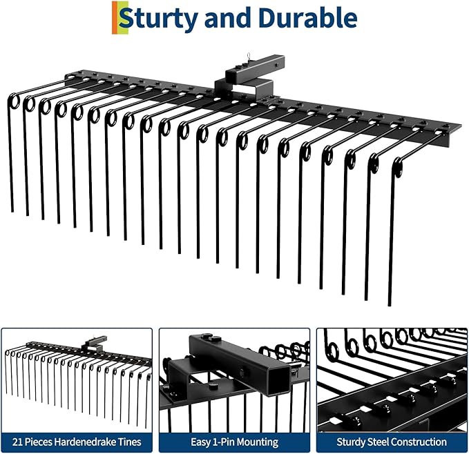 Tow Behind Landscape Rake, 48" Tow Dethatcher with 17 Steel Coil Tines, Lawn Dethatcher Rake Attaches to 48" or 60" Toolbars and 3-Point Suspension Systems, for Leaves, Pine Needles, and Grass, Black