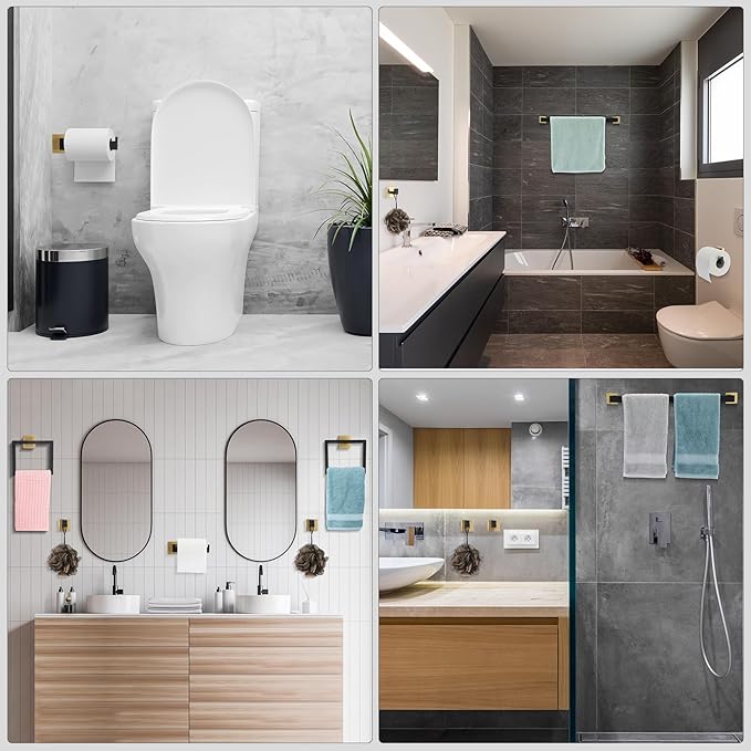 Gisafai 15 Pcs Bathroom Hardware Accessories Set 23.6 Inch Bath Towel Bar Kit Stainless Steel Bathroom Hardware Set Towel Racks Ring Hooks Paper Holder for Wall Mounted (Black Gold)