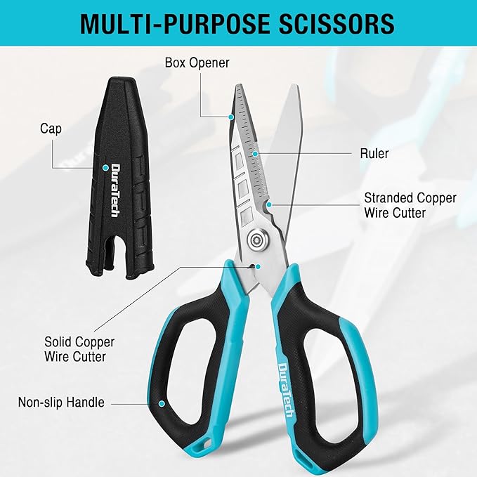 DURATECH 6.5-Inch Compact Electrician Scissors, 4-in-1 Multipurpose Scissors with TPR Comfort Grip, Serrated Blades for Cutting Copper Wire, Carpet, Leather, and Fabric