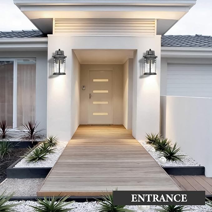 Darkaway Outdoor Porch Lights Wall Mount, Outdoor Light Fixtures Sconces Wall Lighting with Seeded Glass Waterproof Exterior Lights for Patio Yard House Hallway Doorway Garage(2 Pack, Black)